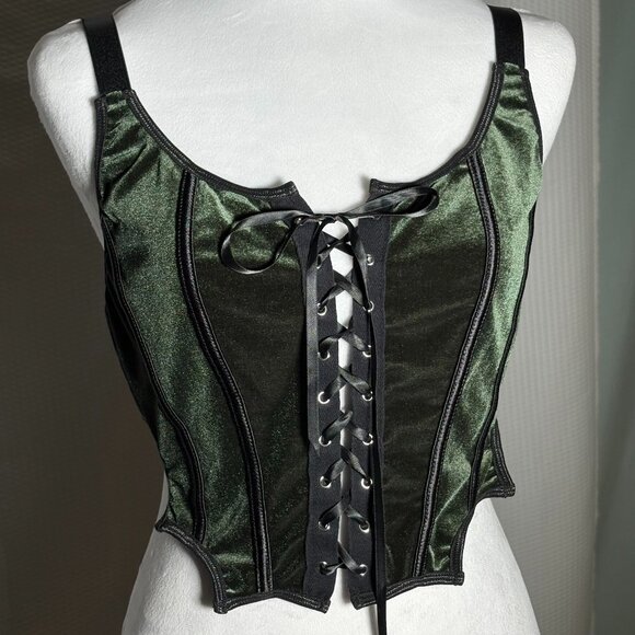 Velvet Front Lace-up Corset Top L Forest Green Fairy Grunge Whimsygoth Bustier - Picture 1 of 5